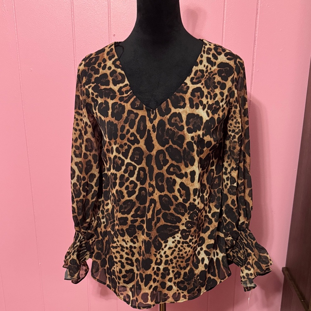 Vince Camuto Leopard Print V-Neck Long Sleeve Blouse - Brown & Black